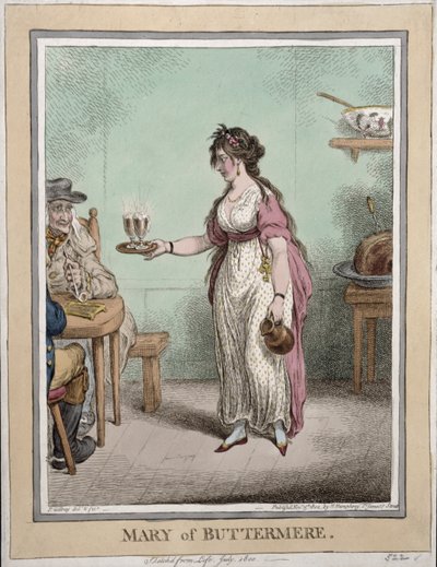 Mary of Buttermere, luonnosteltu elämästä heinäkuussa 1800, julkaissut Hannah Humphrey vuonna 1802 (käsinvärinen etsaus) tekijältä James Gillray