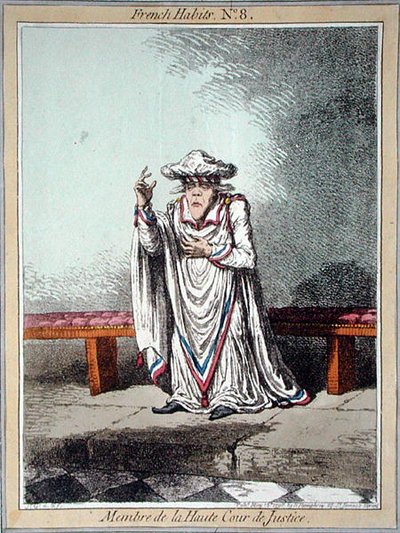 High Court of Justice -tuomioistuimen jäsen, levy 8 Hannah Humphreyn vuonna 1798 julkaisemasta "French Habits" -julkaisusta (värillinen etsaus) tekijältä James Gillray