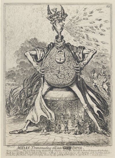 Midas, Muuttaa kaiken kultapaperiksi, 1797 tekijältä James Gillray