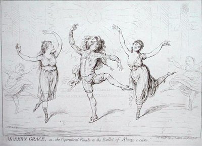 Modern Grace eli Alonzo e caron baletin oopperafinaali, Hannah Humphreyn vuonna 1796 julkaisema (kynä ja muste paperille) tekijältä James Gillray