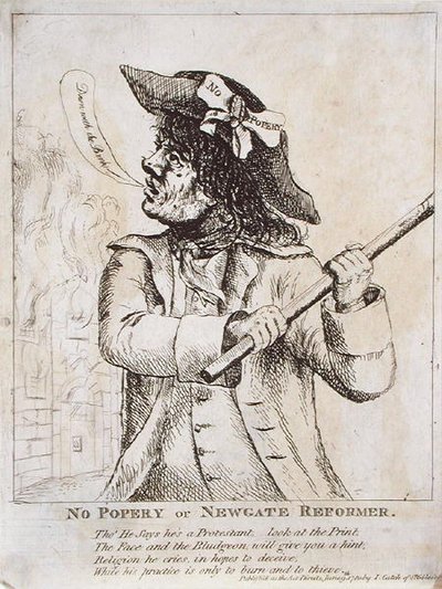 Ei Poperya tai Newgaten uskonpuhdistaja: mahdollisesti Ned Dennis, joka käyttää "No Popery" -suositusta hatussa ja Newgaten vankila liekeissä tekijältä James Gillray