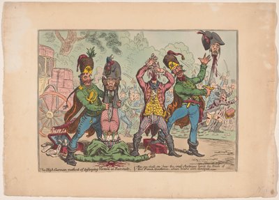 Itävaltalainen kohtelu Ranskan lähettiläitä kohtaan, 1799 Yläsaksalainen menetelmä tuhoeläinten tuhoamiseksi Rat-stadtissa (otsikko esineessä) tekijältä James Gillray