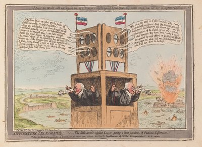 Opposition Telegraphs, tai pieni toissijainen lakimies, joka antaa todellisen näytteen Isänmaallisen tiedon pubista. 1798 (käsinvärinen kaiverrus) tekijältä James Gillray