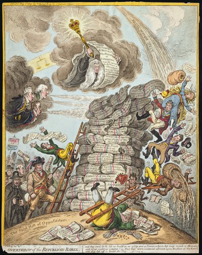 Republikaanien Babelin kukistaminen, julkaissut Hannah Humphrey vuonna 1809 (käsinvärinen etsaus) tekijältä James Gillray