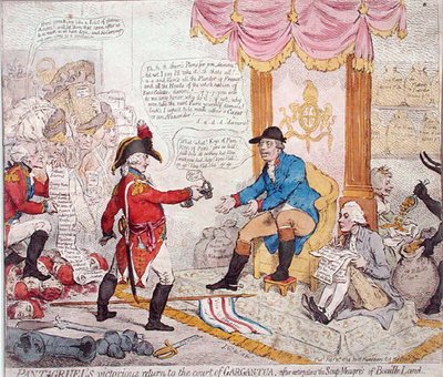Pantagruelin voittoisa paluu Gargantuan hoviin hävitettyään Hannah Humphreyn vuonna 1794 julkaiseman Soup-Meagres of Bouaille Landin (käsinvärinen etsaus) tekijältä James Gillray