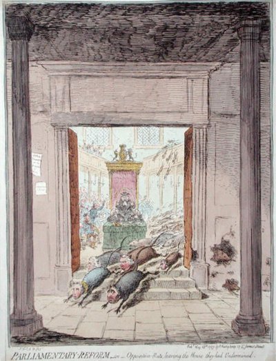 Parlamentaarinen uudistus tai oppositiorotat jättämässä parlamentin, jota he olivat heikentäneet, Hannah Humphreyn julkaisema vuonna 1797 (käsin väritetty etsaus). tekijältä James Gillray