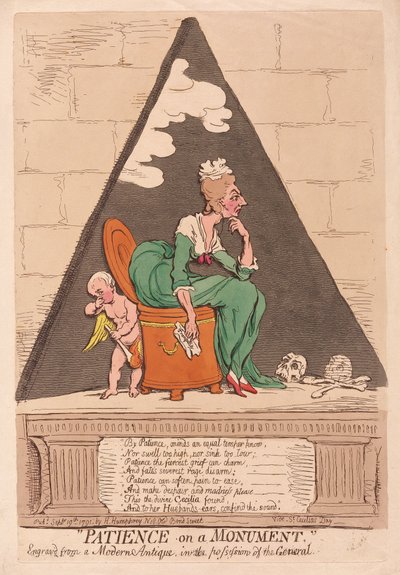 Kärsivällisyyttä muistomerkillä, pub. 1791 (käsin väritetty kaiverrus) tekijältä James Gillray