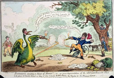 Patriotit päättävät kunniapisteestä! tai tarkka esitys Rencontresta, joka tapahtui Coombe Woodissa 2. toukokuuta 1807 Little Paul the Taylorin ja Sir Francis Goosen välillä, julkaisija Hannah tekijältä James Gillray