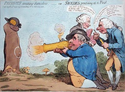 Patriootit huvittelemassa tai ruotsalaiset harjoittelemassa postissa, Hannah Humphreyn julkaisema 1792 (käsinvärjätty etsaus). tekijältä James Gillray