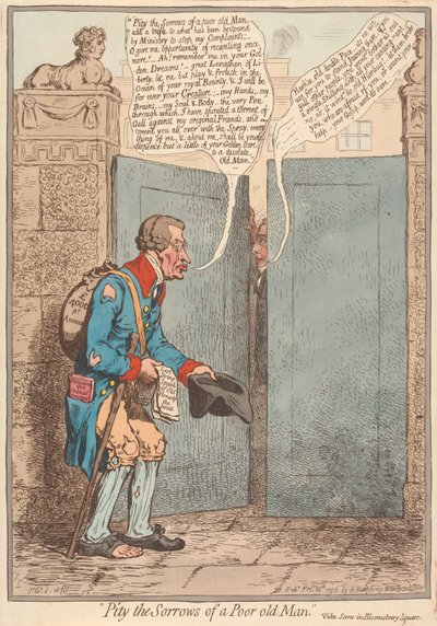 Säälikää köyhän vanhan miehen suruja, katso: Kohtaus Bloomsbury Squarella tekijältä James Gillray