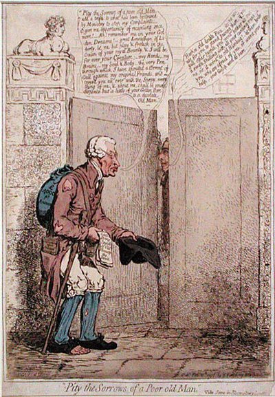 Pity the Sorrows of a Poor Old Man, Hannah Humphreyn julkaisema 1796 (käsin väritetty etsaus). tekijältä James Gillray