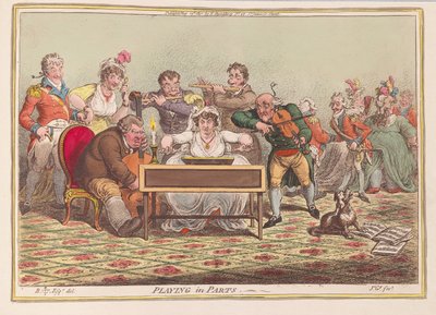 Soitetaan Partsissa, pubissa. 1801 (käsinvärinen kaiverrus) tekijältä James Gillray