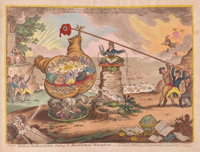 Poliittiset matemaatikot ravistelevat lautaa pohjan puoliskot, pub. 1807 (käsinvärinen kaiverrus) tekijältä James Gillray