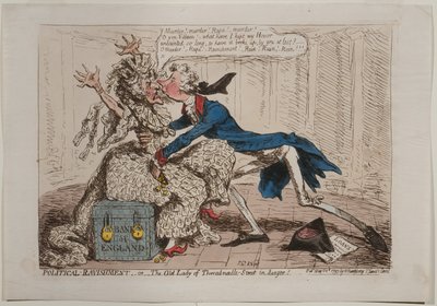 Political Ravishment eli The Old Lady of Threadneedle Street vaarassa!, julkaisija Hannah Humphrey, 1797 (käsinvärinen etsaus) tekijältä James Gillray