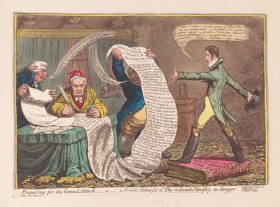 Valmistautuminen Grand Attackiin tai The ci-devant Department in Dangerin yksityiseen harjoitukseen, pub. 1801 (käsinvärinen kaiverrus) tekijältä James Gillray