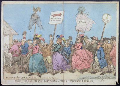 Procession to the Hustings after Succesful Canvass, julkaisija G. Humphrey vuonna 1784 (käsinvärinen etsaus) tekijältä James Gillray