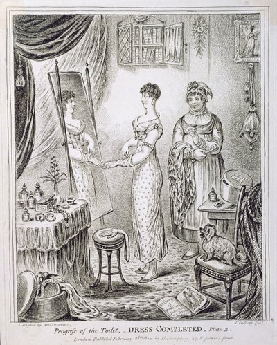 Progress of the Toilet tai Dress Completed, julkaisija Hannah Humphrey vuonna 1810 tekijältä James Gillray