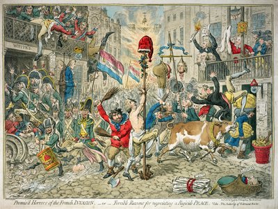 Luvattuja kauhuja Ranskan invaasiosta, julkaisija Hannah Humphrey. tekijältä James Gillray