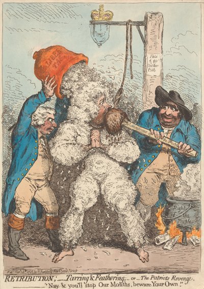 Kosto; - Tervaaminen ja höyhentäminen; - eli - Patrioottien kosto, - Ette suinkaan aio tukkia suutamme, varokaa omaanne tekijältä James Gillray