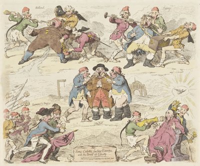 Sans-culottit ruokkivat Eurooppaa vapauden leivällä, 1793 Sans-culottes, ruokkivat Eurooppaa vapauden leivällä (otsikko esineessä) tekijältä James Gillray