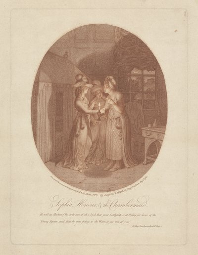 Sophia, Honour ja Chambermaid, kohtaus Henry Fieldingin (1707-54) Tom Jonesista (pistekaiverrus) tekijältä James Gillray