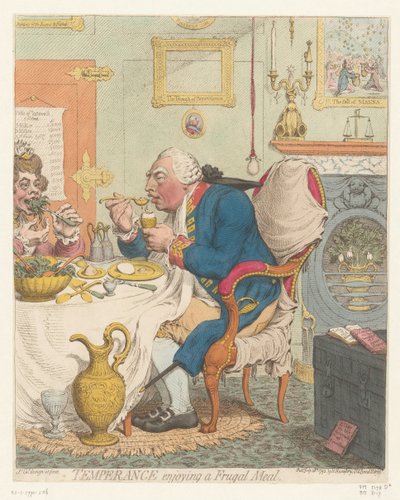 Spotprent op George III, 1792 Temperance nauttimassa säästäväisestä ateriasta (otsikko esineessä) tekijältä James Gillray