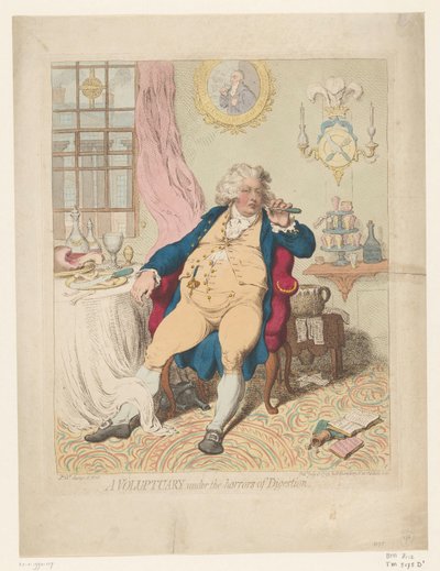 Spotprent op George IV, 1792 Vapaaehtoinen Digestionin kauhujen alla (otsikko esineessä) tekijältä James Gillray