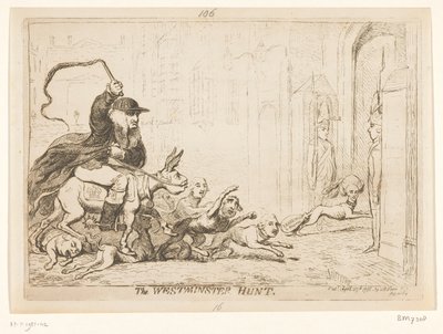 Sarjakuva Warren Hastingsista, 1788 Westminster Hunt (otsikko esineessä) tekijältä James Gillray