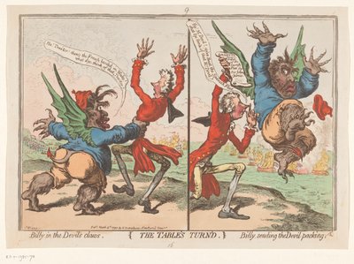 Spotprent, William Pitt ja Charles Fox, 1797 Pöydän käännetty (otsikko esineellä) tekijältä James Gillray