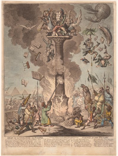 Sarjakuva Ranskan Egyptin tutkimusmatkasta, 1799 Siege de la Colonne de Pompee / Tiede pillerissä (otsikko esineessä) tekijältä James Gillray