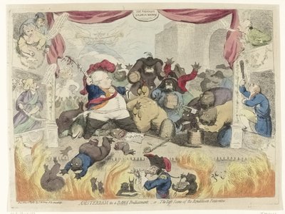 Sarjakuva isänmaalaisten paniikasta kaupunginhaltija William V:n toipumisen jälkeen, 1787 Amsterdam padon ahdingossa, - tai - Republikaanien pantomiimin viimeinen kohtaus (otsikko esineessä) tekijältä James Gillray