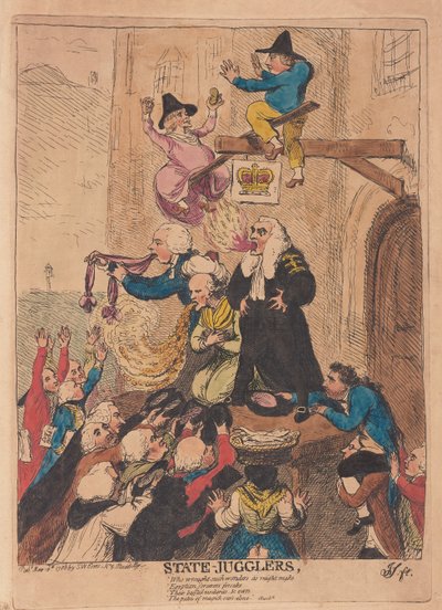 State Jugglers, pub. 1788 (käsin väritetty kaiverrus) tekijältä James Gillray