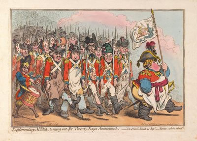 Täydentävä miliisi, saapuu Twenty Days Amusementille, pubi. 1796 (käsinvärinen kaiverrus) tekijältä James Gillray