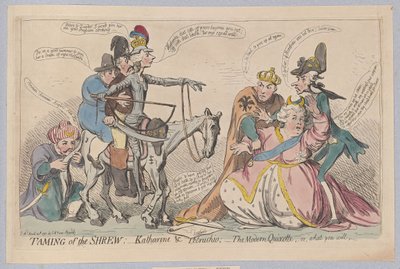 Kääntäjän kesyttäminen: Katherine & Petruchio; Moderni Quijote tai mitä haluatte, pubi. 1791 (käsinvärinen kaiverrus) tekijältä James Gillray