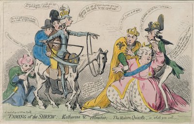 S.W. Foresin vuonna 1791 julkaisema "Taming of the Shrew: Katherine und Petruchio, or The Modern Quixote" (käsin väritetty etsaus). tekijältä James Gillray