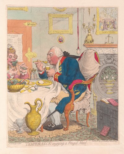 Temperance nauttimassa säästäväisestä ateriasta, pubissa. 1792 (käsinvärinen kaiverrus) tekijältä James Gillray