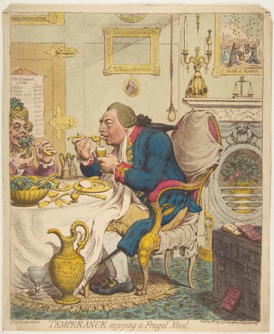Temperance nauttii säästäväisestä ateriasta, 28. heinäkuuta 1792. tekijältä James Gillray