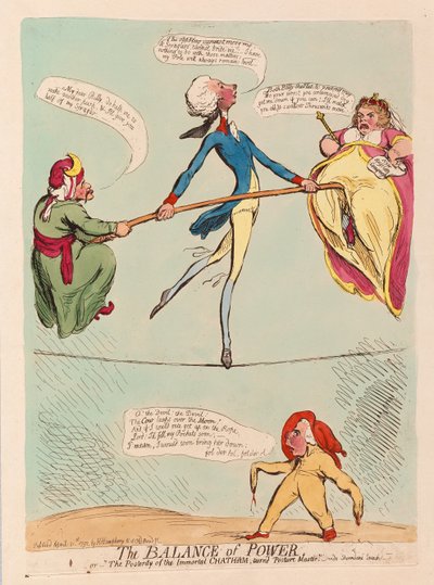 The Balance of Power tai The Posterity of the Immortal Chatham, muuttuu Posture Master, pub. 1791 (käsinvärinen kaiverrus) tekijältä James Gillray