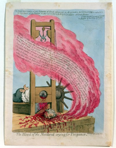 "Murhattujen veri huutaa kostoa", Ludvig XVI:n (1754-93) teloitus giljotiinilla, julkaisija Hannah Humphrey. tekijältä James Gillray