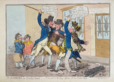The Caneing in Conduit Street, julkaissut Hannah Humphrey vuonna 1796 (käsinvärinen etsaus) tekijältä James Gillray