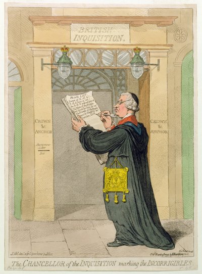 Inkvisition kansleri, joka merkitsee parantumattomia, julkaissut Hannah Humphrey vuonna 1793 (käsinvärinen etsaus) tekijältä James Gillray