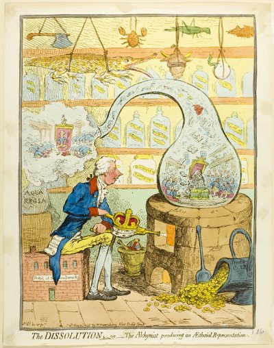 Dissoluutio; tai alkemisti, joka tuottaa aeteerisen esityksen. tekijältä James Gillray