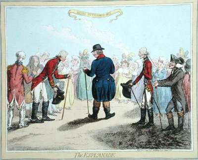 Hannah Humphreyn vuonna 1797 julkaisema The Esplanade (käsin väritetty etsaus). tekijältä James Gillray