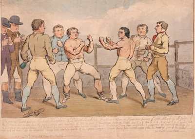 Kuuluisa taistelu Richard Humphreysin ja Daniel Mendozan välillä 9. tammikuuta 1788, pub. 1788 (käsin väritetty kaiverrus) tekijältä James Gillray