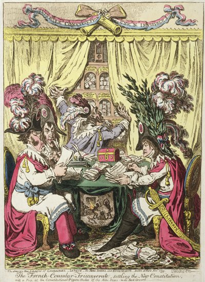 Hannah Humphreyn vuonna 1800 julkaisema Ranskan konsulaarikolmikko, joka päättää uudesta perustuslaista ja jonka taustalla on Abbe Sieyesin perustuslaillisia kyyhkysenaukkoja (käsinväritetty kaiverrus). tekijältä James Gillray