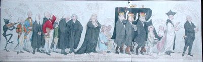The Funeral Procession of Miss Regency, julkaisija S.W. Fores vuonna 1789 (käsinvärinen etsaus) tekijältä James Gillray