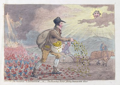 The Generae of Patriotism tai The Bloomsbury Farmer istuttaa Bedfordshire Wheat, pubi. 1796 (käsinvärinen kaiverrus) tekijältä James Gillray