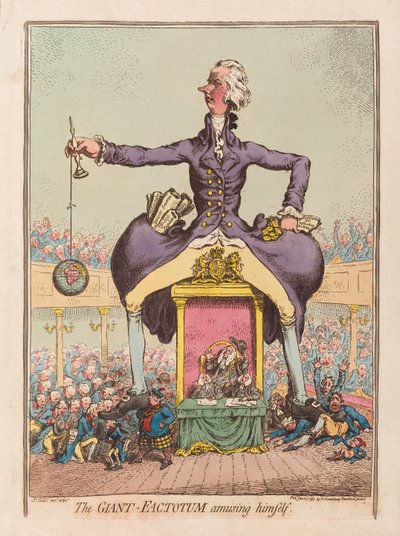 Giant Factotum huvittaa itseään, pubi. 1797 (käsinvärinen kaiverrus) tekijältä James Gillray