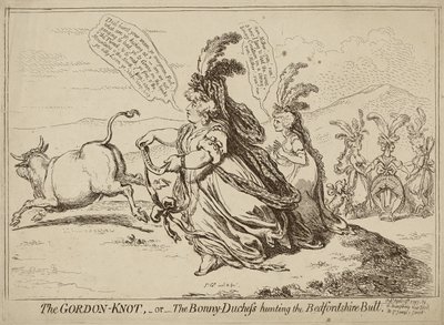 Gordon Knot tai Bonny-Duchess Hunting the Bedfordshiren Bull, julkaistu 29. huhtikuuta 1797 (etsaus kudospaperille) tekijältä James Gillray