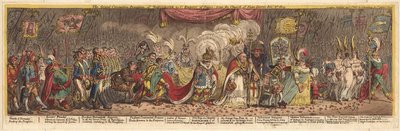 Ranskan 1. keisarin Napoleonin kruunauskulkue Notre-Damen kirkosta, 1805 tekijältä James Gillray